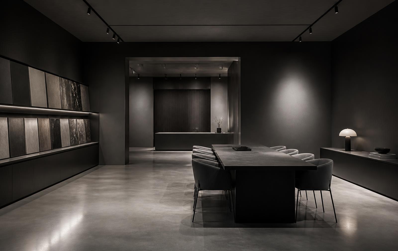Showroom sombre avec présentoirs de matières et grande table de consultation